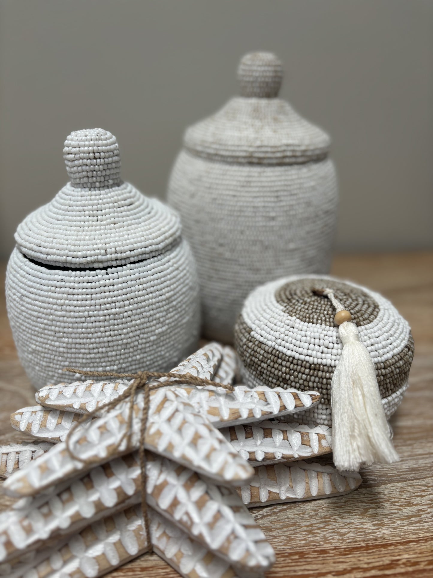 Beaded Pot with Lid | White | 3 Sizes Available