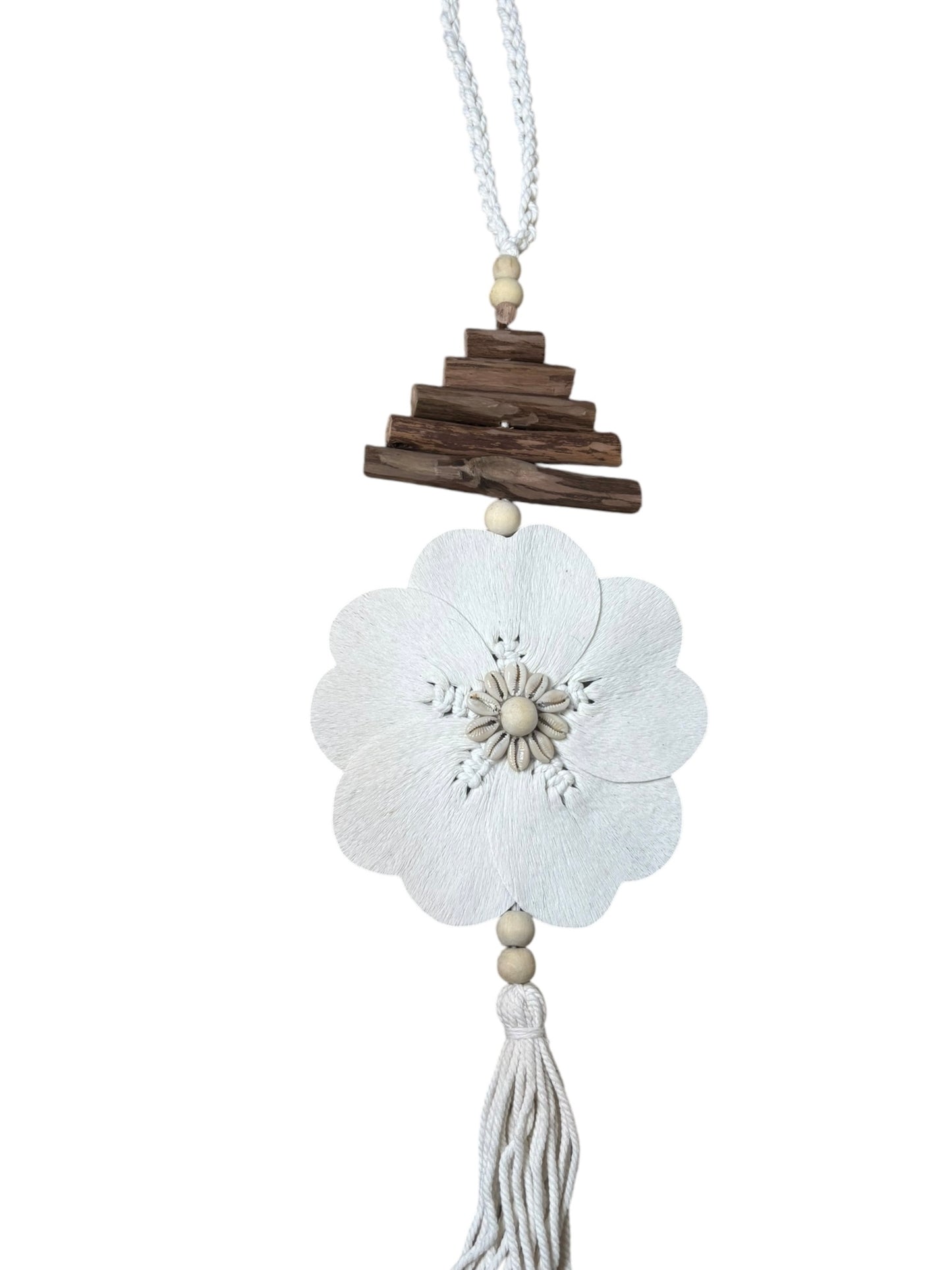 Frangipani & Cowrie Shell Tassel | Natural with Wood